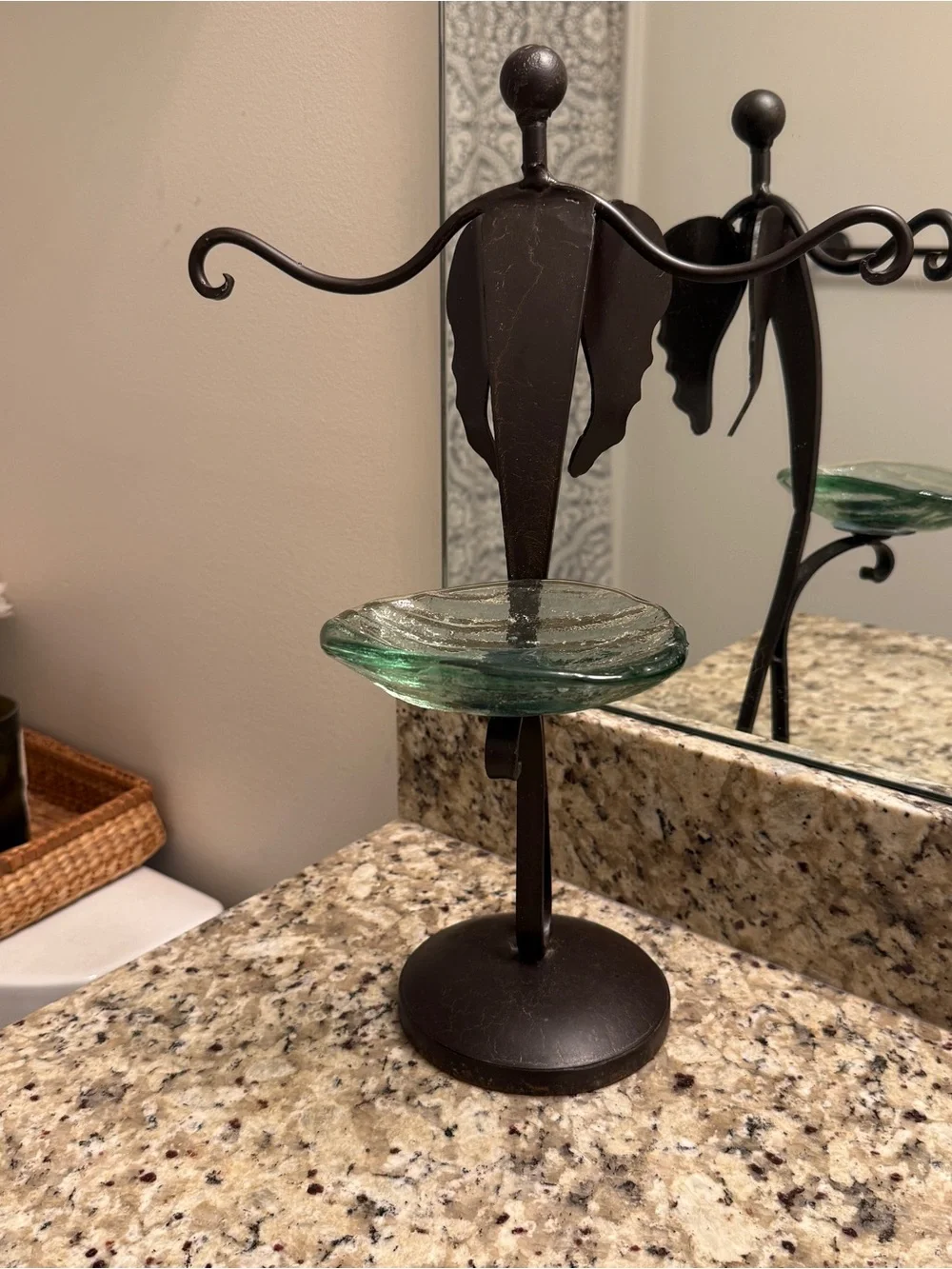 Angel Soap/Towel Holder Bathroom Rustic Countertop Forged Iron Glass Dish Cottag
